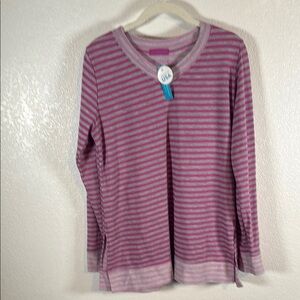 Fresh Produce Pink & Gray Stripe Oversized V Neck Sweatshirt Size Small NWT